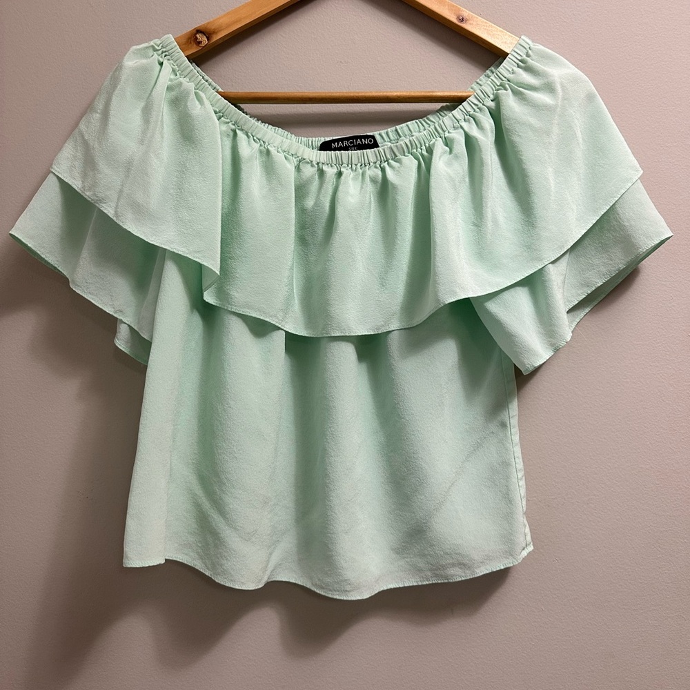 Marciano Light Green off the Shoulders Ruffle Silk Blouse